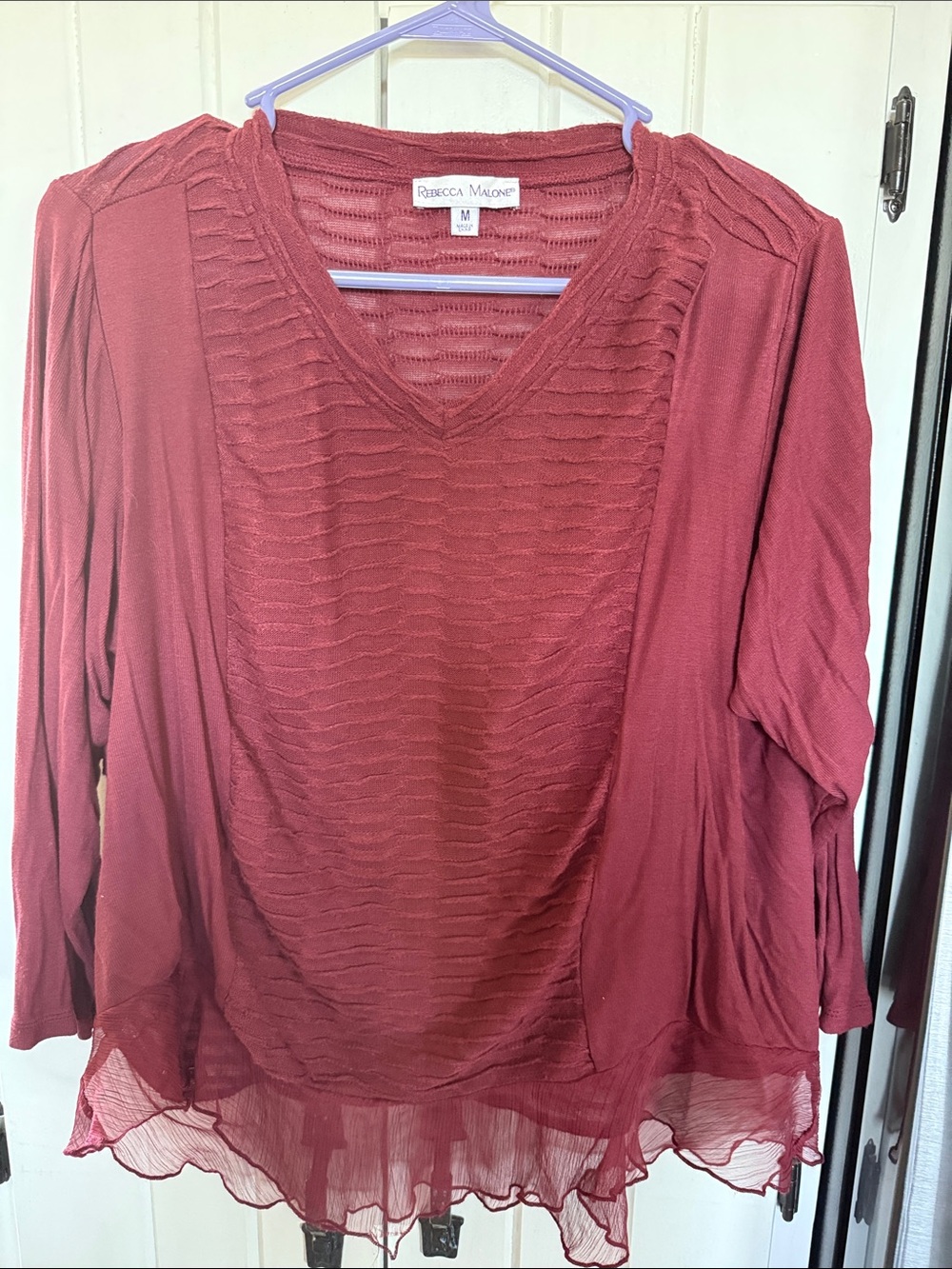 Rebecca Malone Women's Brick Red Sheer-Layered V-Neck Tunic